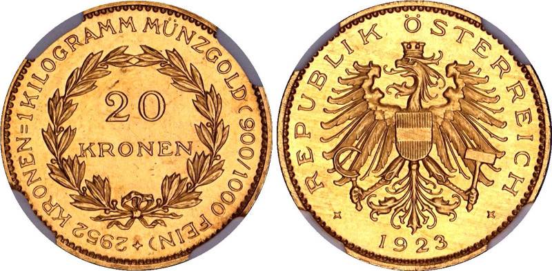 Austria 20 Kronen 1923 NGC MS 64
KM# 2830, N# 299144; Gold (.900) 6.78 g.