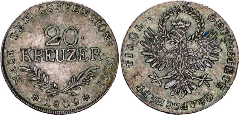 Austrian States Tyrol 20 Kreuzer 1809
KM# 149, N# 33352; Silver; Hall mint. One...