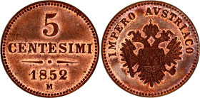 Austrian States Lombardy-Venetia 5 Centesimi 1852 M NGC MS 64 RB
C# 31, N# 15611; Copper; Franz Joseph I; Mint luster remains. Exceptional condition ...