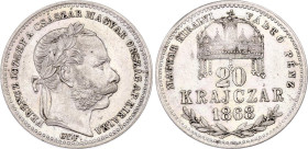 Hungary 20 Krajczar 1868 GYF
KM# 445.2, EH# 1470, N# 33841; Silver; Franz Joseph I. Karlsburg mint. One year type. Very Rare.; AUNC, remains of mint ...