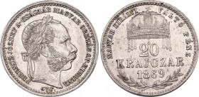 Hungary 20 Krajczar 1869 GYF
KM# 446.2, EH# 1471, N# 20875; Silver; Franz Joseph I. Karlsburg mint. Rare.; AUNC, remains of mint luster.