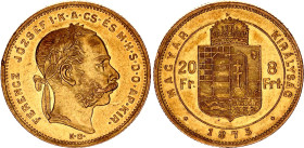 Hungary 8 Forint / 20 Francs 1875 KB
KM# 455.1, N# 7498; Gold (.900) 6.45 g; Franz Joseph I. Kremnitz Mint.; XF-AU, mint luster remains