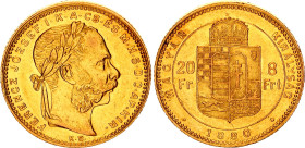Hungary 8 Forint / 20 Francs 1880 KB
KM# 455.1; Shares mintage with 1880 KB KM# 467; Gold (.900) 6.45 g.; Franz Joseph I; Mint: Kremnitz; AUNC+