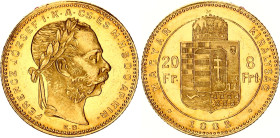 Hungary 8 Forint / 20 Francs 1882 KB NGC MS 63
KM# 467, N# 28071; Gold (.900) 6.45 g., 21 mm.; Franz Joseph I; With full mint luster