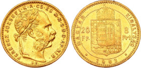 Hungary 8 Forint / 20 Francs 1883 KB
KM# 467, N# 28071; Gold (.900) 6.45 g; Franz Joseph I. Kremnitz Mint.; XF-AU, mint luster remains