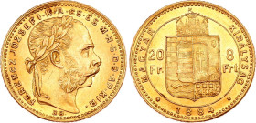 Hungary 8 Forint / 20 Francs 1884 KB
KM# 467, N# 28071; Gold (.900) 6.45 g; Franz Joseph I. Kremnitz Mint.; AUNC