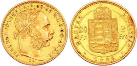 Hungary 8 Forint / 20 Francs 1889 KB
KM# 467, N# 28071; Gold (.900) 6.45 g; Franz Joseph I. Kremnitz Mint.; AUNC-