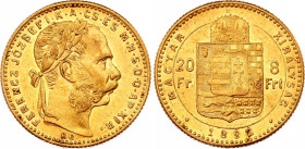 Hungary 8 Forint / 20 Francs 1892
KM# 477, N# 33829; Gold (.900) 6.44 g.; AUNC