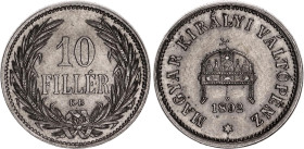 Hungary 10 Filler 1892 KB
KM# 482, N# 3835; Franz Joseph I; UNC with minor hairlines & full mint luster