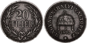 Hungary 20 Filler 1892 KB
KM# 483, N# 10038; Franz Joseph I; XF