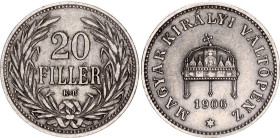Hungary 20 Filler 1906 KB
KM# 483, N# 10038; Franz Joseph I; XF