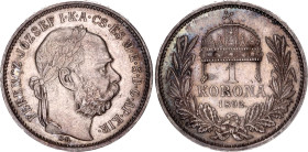Hungary 1 Korona 1892 KB Rare
KM# 484, ÉH# 1495, H# 2203, N# 7093; Silver; Franz Joseph I; Kremnitz Mint; Mintage 15000; UNC Toned