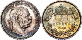 Hungary 5 Korona 1908 KB
KM# 488, N# 12866; Silver; Franz Joseph I; AUNC, mint luster, multicolor patina