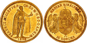 Hungary 10 Korona 1896 KB
KM# 485, N# 10813; Gold (.900) 3.36 g.; AUNC