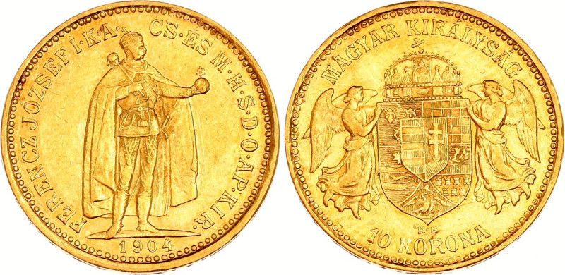 Hungary 10 Korona 1904 KB
KM# 485, N# 10813; Gold (.900) 3.38 g., 19 mm.; Franz...