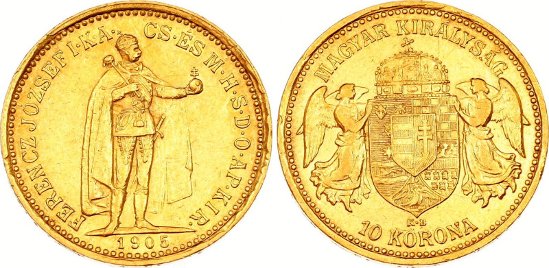 Hungary 10 Korona 1905 KB
KM# 485, N# 10813; Gold (.900) 3.38 g., 19 mm.; Franz...