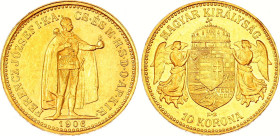 Hungary 10 Korona 1906 KB
KM# 485, N# 10813; Gold (.900) 3.38 g., 19 mm.; Franz Joseph I; AU-UNC, mint luster
