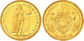 Hungary 10 Korona 1908 KB
KM# 485, N# 10813; Gold (.900) 3.38 g., 19 mm.; Franz Joseph I; AU-UNC, mint luster