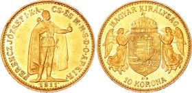 Hungary 10 Korona 1911 KB
KM# 485, N# 10813; Gold (.900) 3.38 g., 19 mm.; Franz Joseph I; XF, mint luster remains
