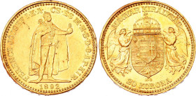 Hungary 20 Korona 1892 KB
KM# 486, N# 33163; Gold (.900) 6.78 g; Franz Joseph I. Kremnitz Mint.; AUNC
