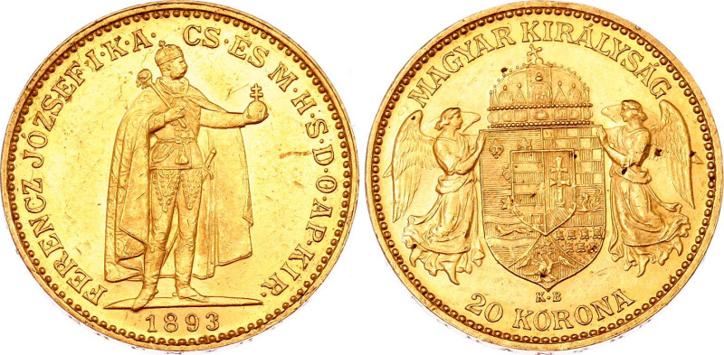 Hungary 20 Korona 1893 KB
KM# 486, N# 33163; Gold (.900) 6.78 g; Franz Joseph I...