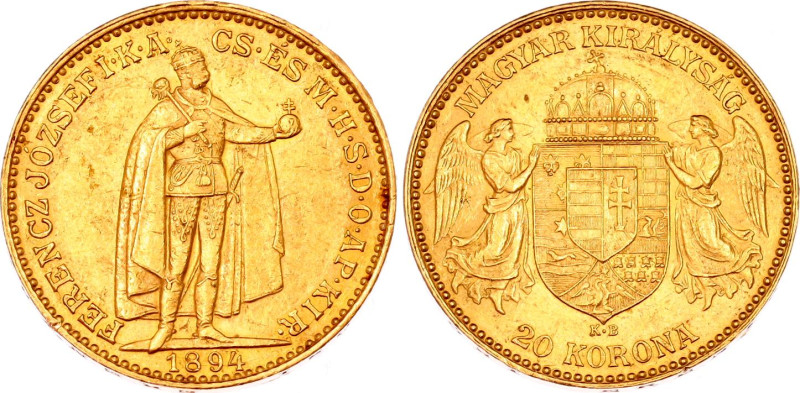 Hungary 20 Korona 1894 KB
KM# 486, N# 33163; Gold (.900) 6.78 g; Franz Joseph I...