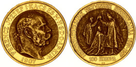 Hungary 100 Korona 1907 KB NGC MS 61
KM# 490, ÉH# 1487, H# 2213, Adamo# K10.1; N# 33821; Gold (.900); 33.8753g.; 40th Anniversary of the Coronation o...