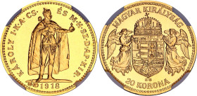 Hungary 20 Korona 1918 KB NGC MS 70 Restrike
KM# 500, N# 33866; Gold (.900) 6.77 g.; Charles IV