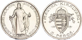 Hungary 5 Pengo 1938 BP Pattern Restrike
X# Pn13.1; Silver; Death of St. Stephan. Mintage 1000.; Proof