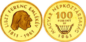 Hungary 100 Forint 1961 BP
KM# 563, ÉH# 1551, H# 2348, N# 34303; Gold (.986) 7.68 g., Proof; 150th Anniversary - Birth of Franz Liszt; Budapest Mint;...
