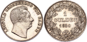 German States Baden 1 Gulden 1850
KM# 219, N# 64030; Silver; Leopold I; Mintage 8652 pcs only!; UNC with minor hairlines