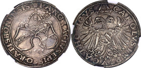 German States Regensburg 1 Taler 1545 NGC AU 58
Dav# 9680; Silver 28,88g.; As: Mitre more than two at an angle coats of arms put to each other. Behin...