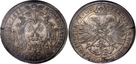 German States Regensburg Reichsstadt 1 Taler 1638 NGC MS 61
Dav# 5754, Beckenbauer# 6126; Silver 29,04g.; As: Town sign with crossed keys in richly d...