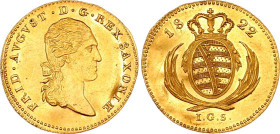 German States Saxony-Albertine 1 Dukat 1822 /21 IGS Overdate
KM# 1073, N# 192984; Gold (.986) 3.45 g., 21.5 mm.; Friedrich August I; Mintage 1898 pcs...