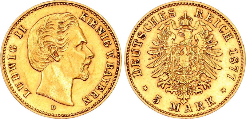 Germany - Empire Bavaria 5 Mark 1877 D
KM# 904, N# 56094; Gold (.900) 1.99 g., ...