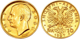 Albania 10 Franga Ari 1927 R
KM# 9, N# 35540; Gold (.900) 3.22 g., 19 mm.; Zog; Mintage 6000 pcs only!; XF+