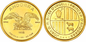 Andorra 1 Ounce 1988 Medallic Bullion Coinage
X# 16, N# 22081; Gold (.999) 31.10 g., Proof; Gold Eagle