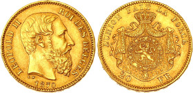 Belgium 20 Francs 1870
KM# 37, N# 7499; Gold (.900) 6.45 g.; Leopold II; Brussels Mint; AUNC