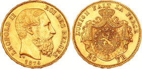 Belgium 20 Francs 1874
KM# 37, N# 7499; Gold (.900) 6.45 g., 21 mm.; Leopold II; UNC