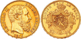 Belgium 20 Francs 1874
KM# 37, N# 7499; Gold (.900) 6.45 g., 21 mm.; Leopold II; AUNC