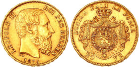 Belgium 20 Francs 1875
KM# 37, N# 7499; Gold (.900) 6.45 g., 21 mm.; Leopold II; AUNC