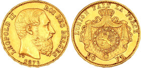 Belgium 20 Francs 1876
KM# 37, N# 7499; Gold (.900) 6.45 g., 21 mm.; Leopold II; AUNC