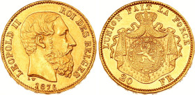 Belgium 20 Francs 1876
KM# 37, N# 7499; Gold (.900) 6.45 g., 21 mm.; Leopold II; AU-UNC, mint luster