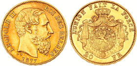 Belgium 20 Francs 1877
KM# 37, N# 7499; Gold (.900) 6.45 g., 21 mm.; Leopold II; AU-UNC, mint luster