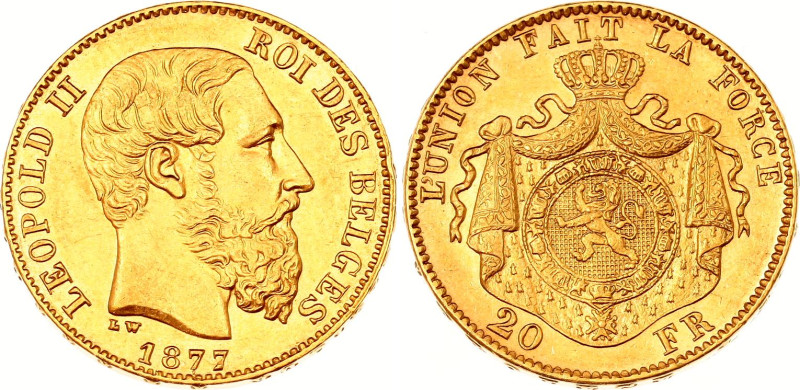 Belgium 20 Francs 1877
KM# 37, N# 7499; Gold (.900) 6.45 g., 21 mm.; Leopold II...