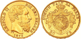 Belgium 20 Francs 1878
KM# 37, N# 7499; Gold (.900) 6.45 g., 21 mm.; Leopold II; AUNC