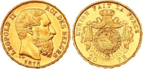 Belgium 20 Francs 1878
KM# 37, N# 7499; Gold (.900) 6.45 g., 21 mm.; Leopold II; AUNC