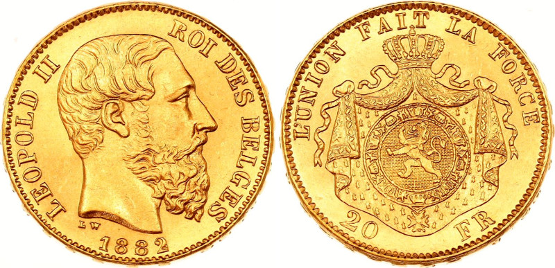 Belgium 20 Francs 1882
KM# 37, N# 7499; Gold (.900) 6.45 g., 21 mm.; Leopold II...