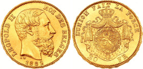 Belgium 20 Francs 1882
KM# 37, N# 7499; Gold (.900) 6.45 g., 21 mm.; Leopold II; UNC, mint luster