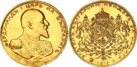 Bulgaria 4 Dukat 1912
KM# M1; Gold (.986), 13.9 g.; Ferdinand I; AUNC, removed from jewelry / repaired.